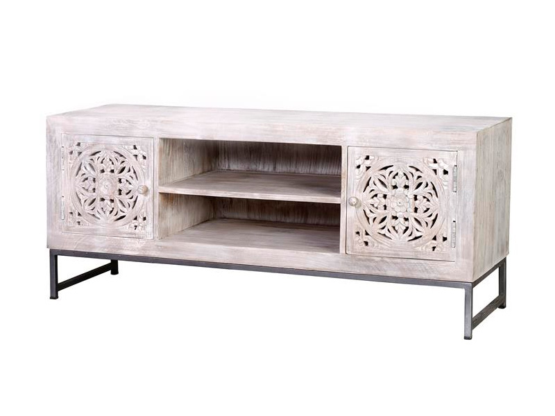 Mueble television estilo oriental etnico tallado blanco decape