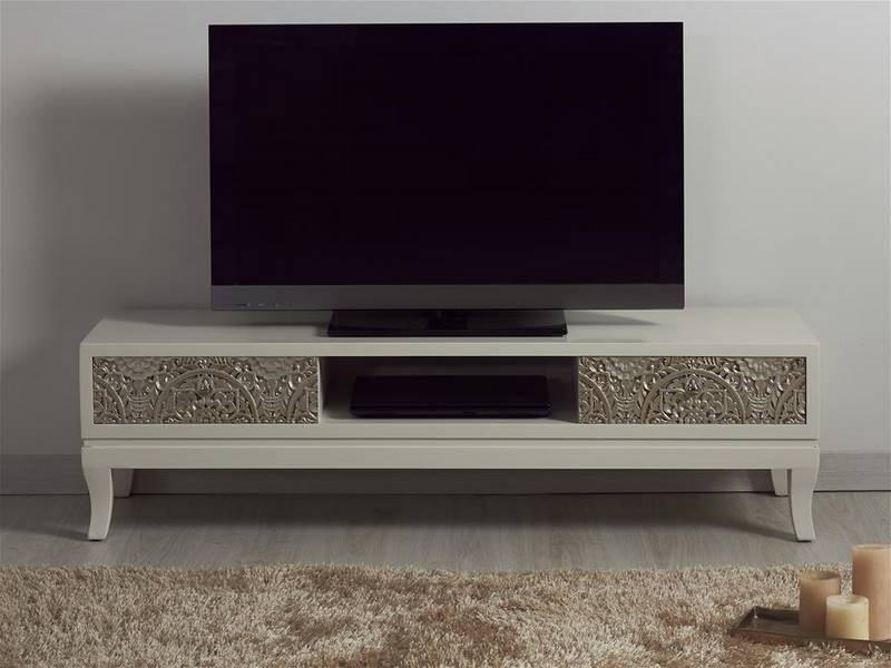 Mueble TV oriental tallado blanco plata