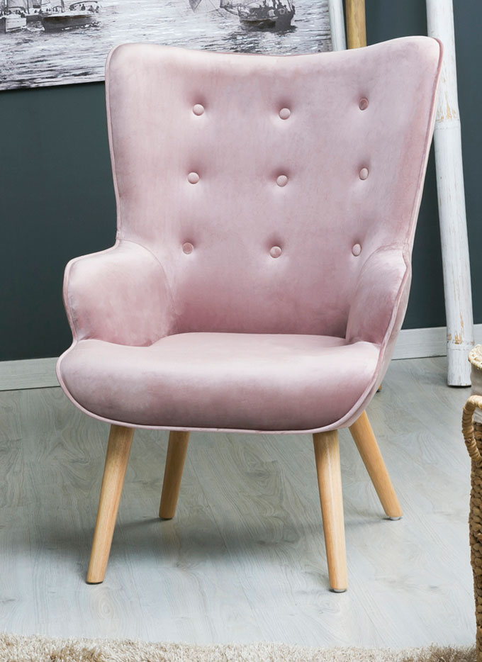 Sillon moderno tapizado terciopelo rosa palido