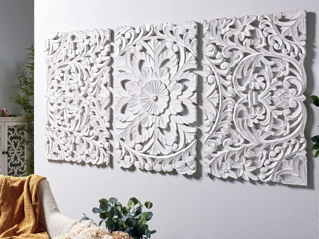 Cuadro paneles tallados mandala blanco
