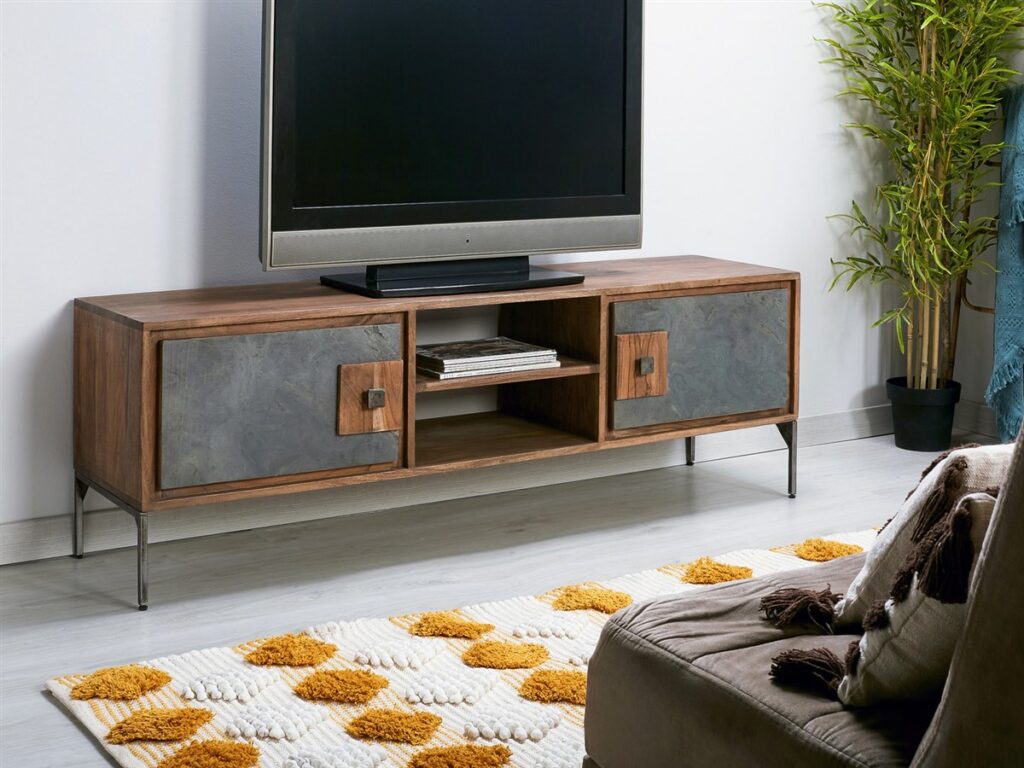 Mueble TV madera acero piedra industrial