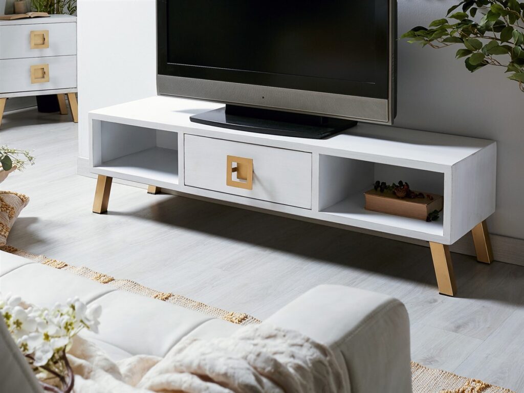 Mueble TV bajo oriental blanco oro