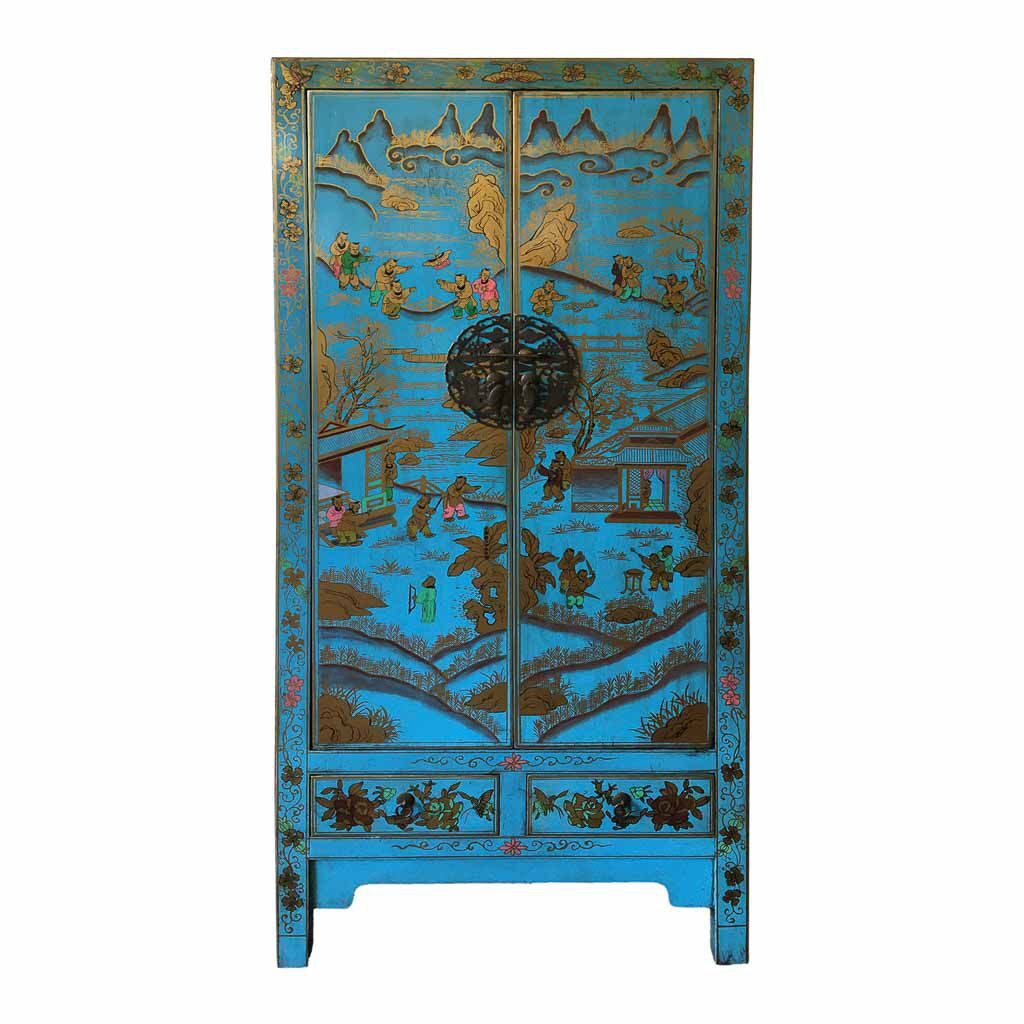 Armario 2 puertas chino color azul decorado