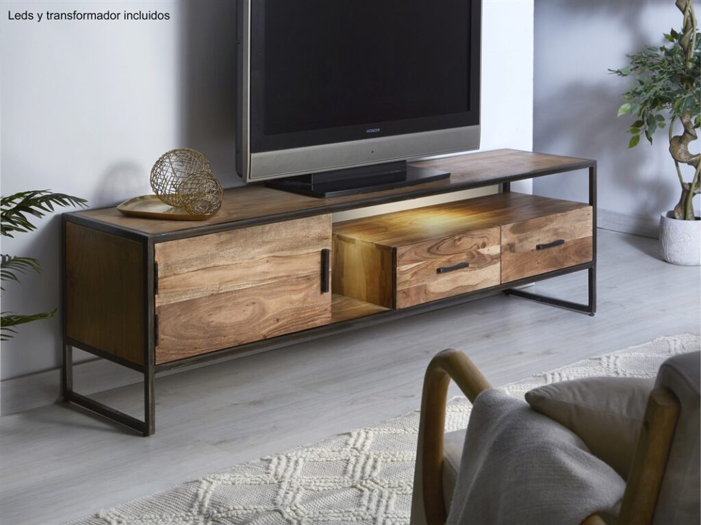 Mueble bajo TV industrial madera forja