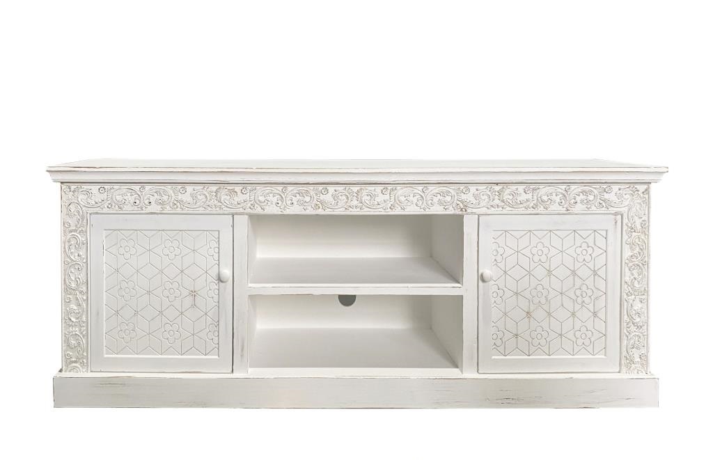 Mueble bajo television estilo rustico tallado blanco decape