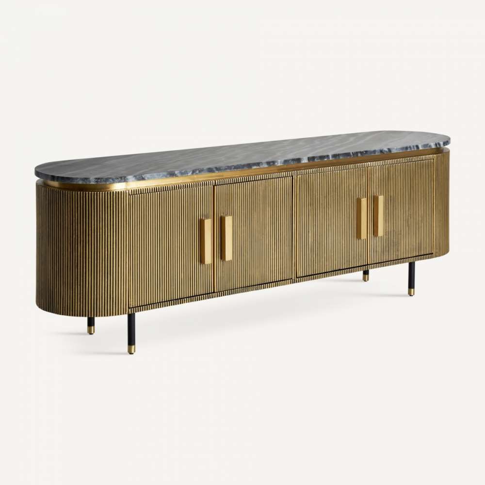 Mueble bajo TV diseño moderno acabado oro con marmol