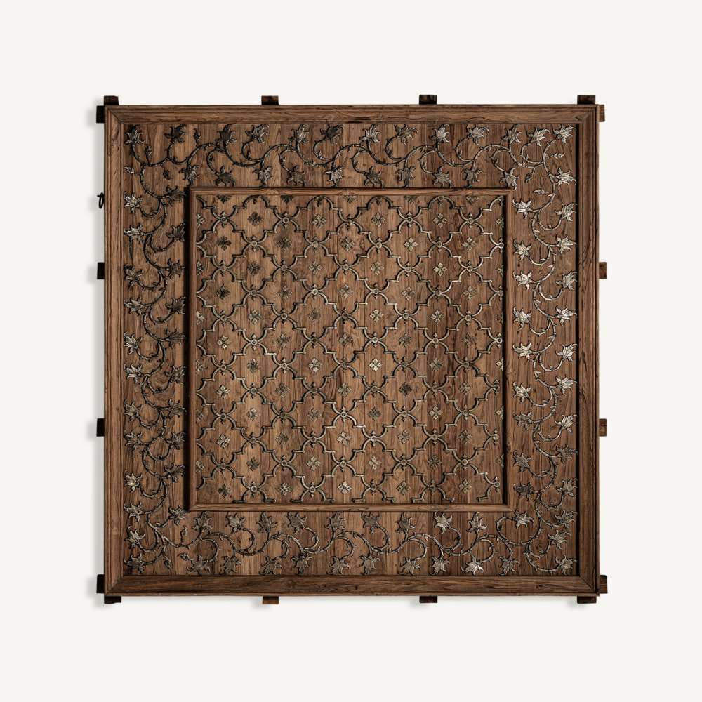 Panel tallado madera y metal incrustadi rustico