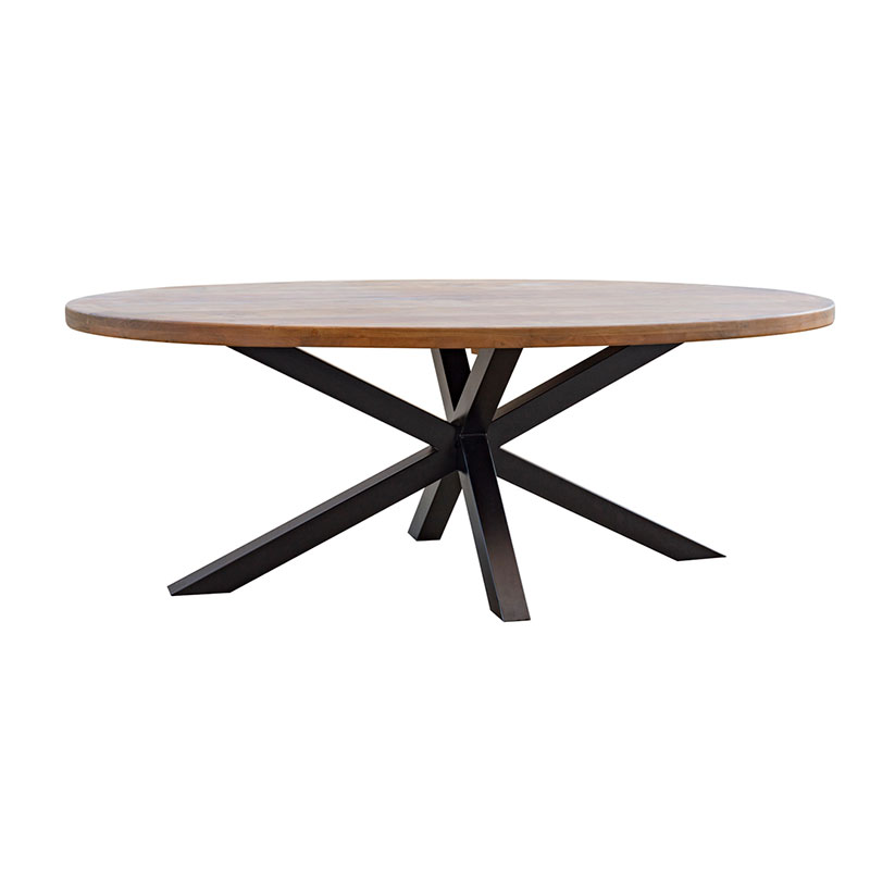 Mesa comedor ovalada pie de forja y madera acacia