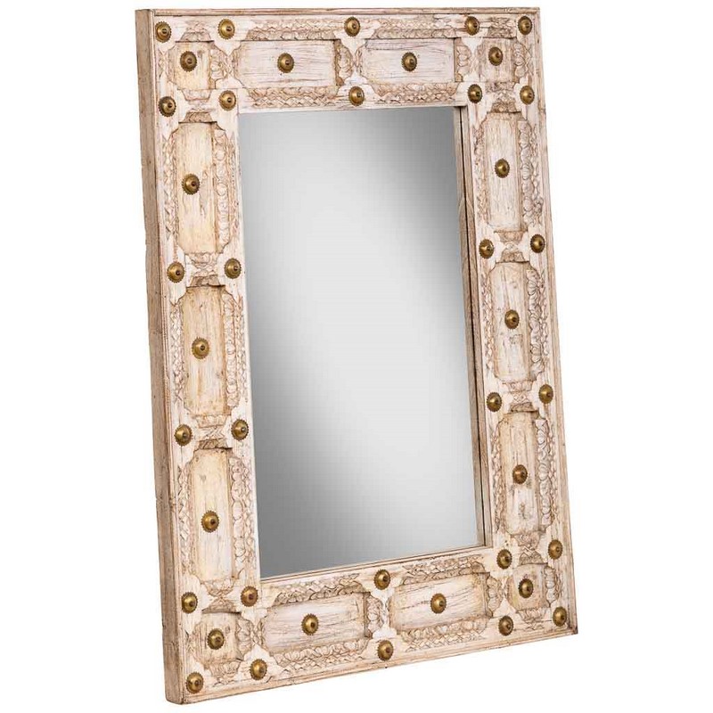 Espejo marco madera tallado color blanco sucio