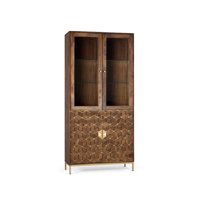 Vitrina salon 2 puertas madera mango y metal dorado